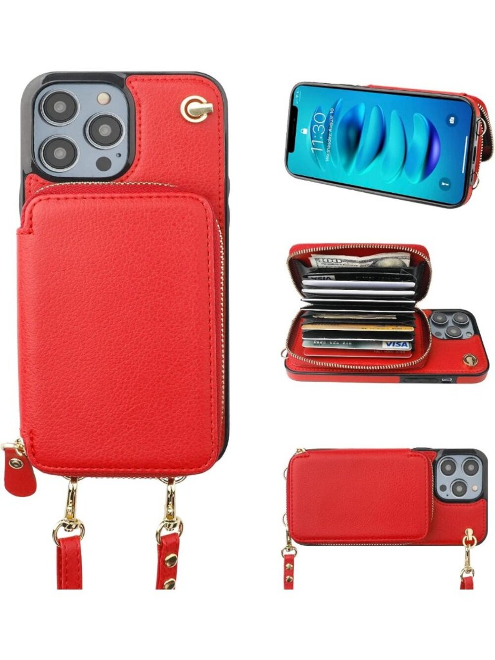 Stylish Multi-Slot Crossbody Wallet Case for iPhone 14 Pro Max - Red